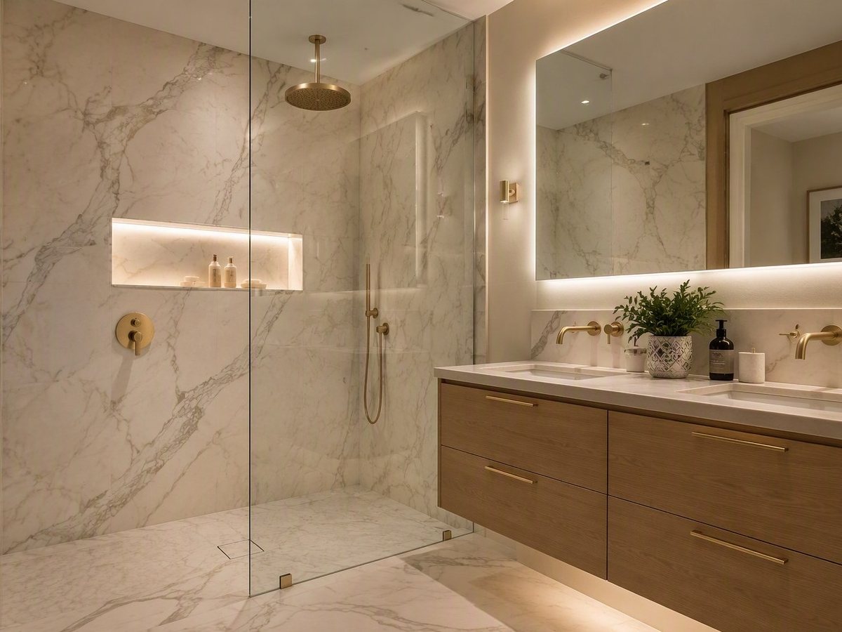 Luxury bathroom with a curbless glass shower with brass rain head, a floating wood double vanity with wall-mount brass faucets, and a backlit mirror