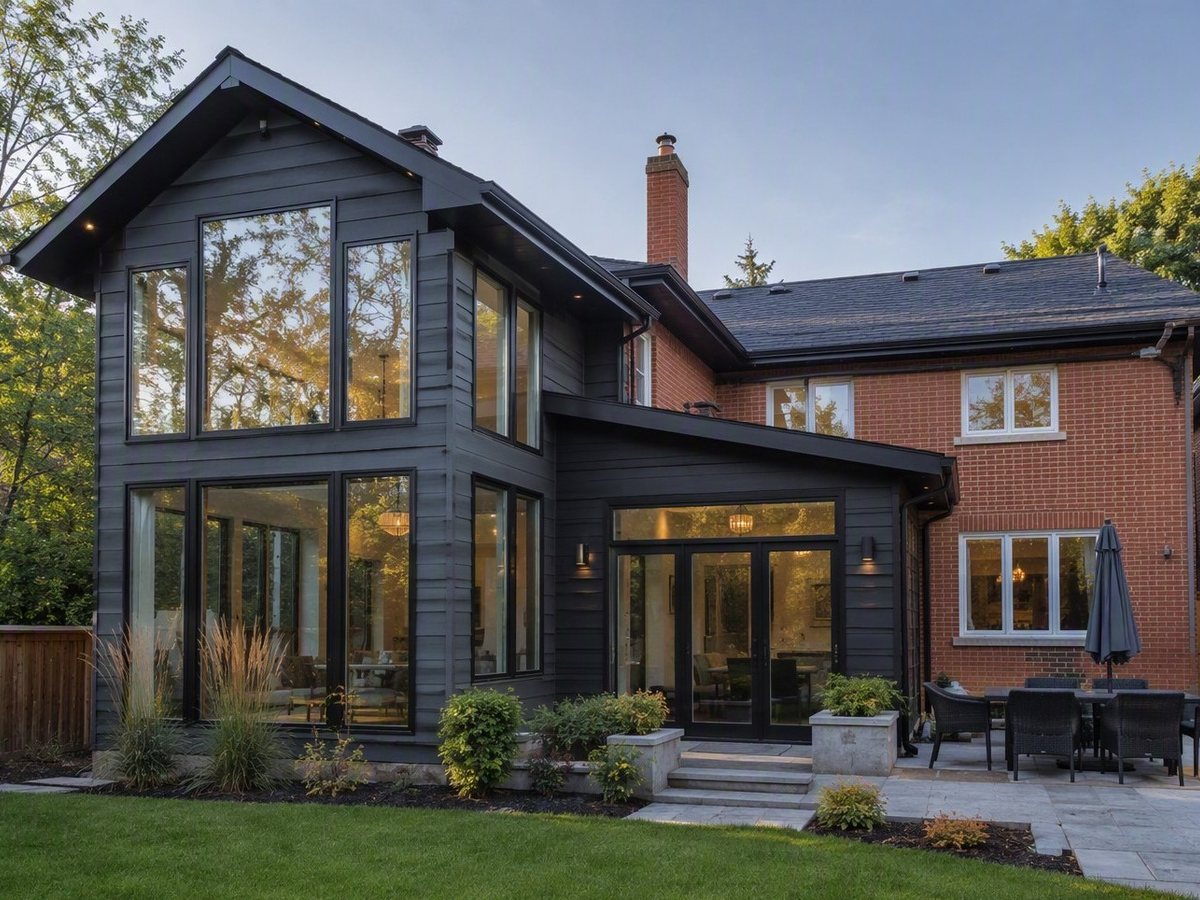 Modern two-storey rear addition in black board-and-batten with floor-to-ceiling windows, joined to an existing red-brick house, with a stone patio at dusk