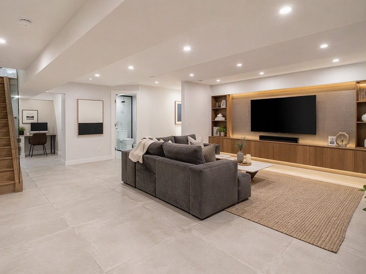 Finished basement rec room with a built-in walnut media wall with TV and LED-lit shelving, a grey sectional, and a home-office nook