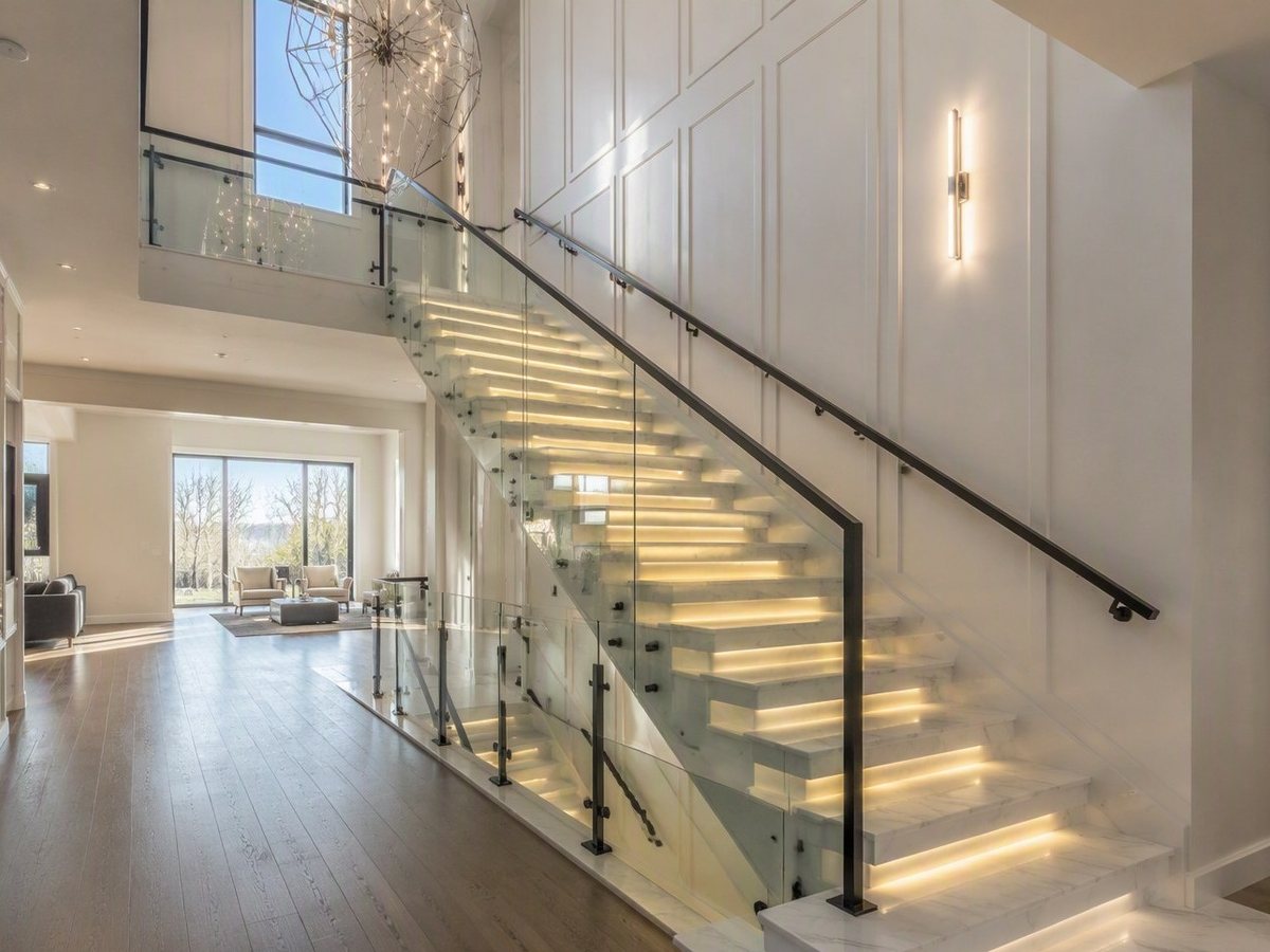 Grand foyer with a floating marble staircase with under-tread LED lighting, glass railings, and a sculptural chandelier