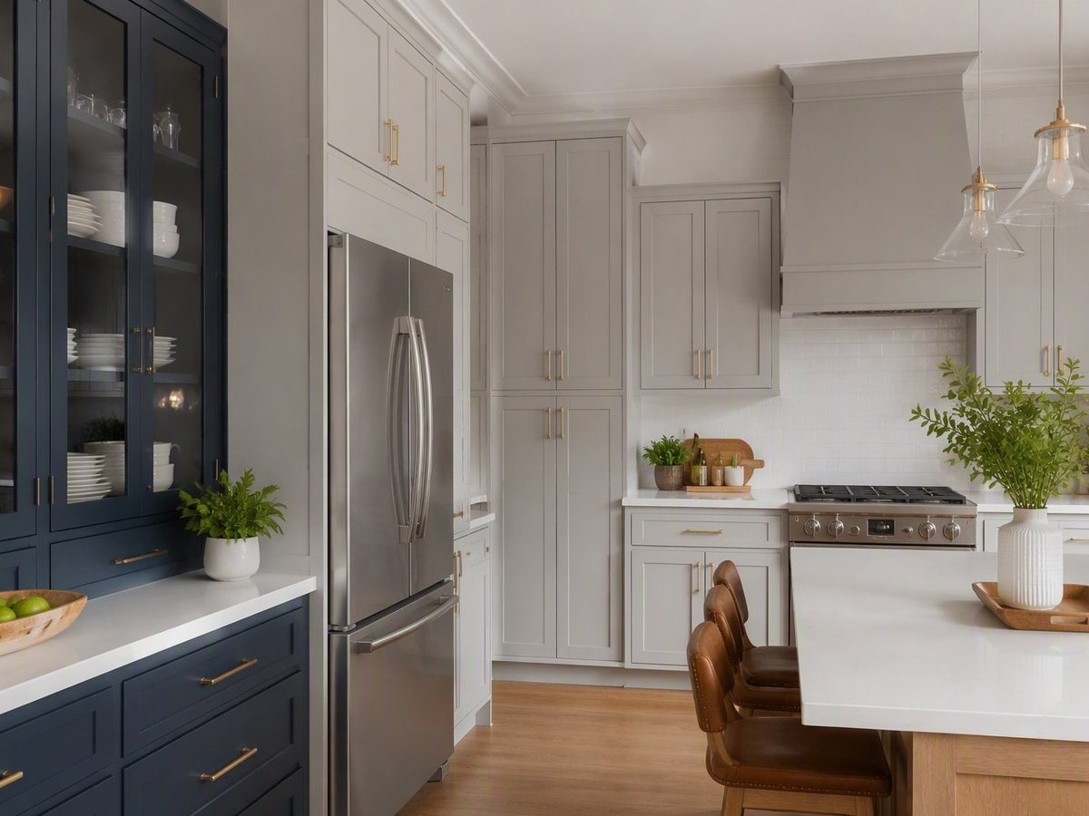 Light grey shaker kitchen with a navy glass-front display hutch, brass pulls, and an island with leather stools