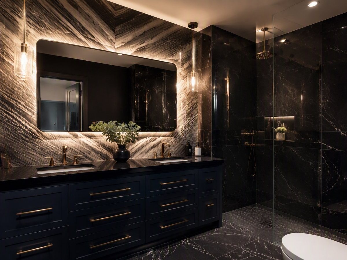 Dramatic all-black marble bathroom with a backlit rounded-corner mirror, black double vanity with brass faucets, and a glass shower