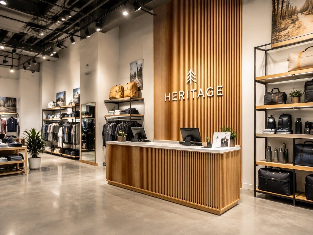 Retail store fit-out with a floor-to-ceiling wood-slat feature wall with backlit signage, an industrial black ceiling with track lighting, and a concrete floor