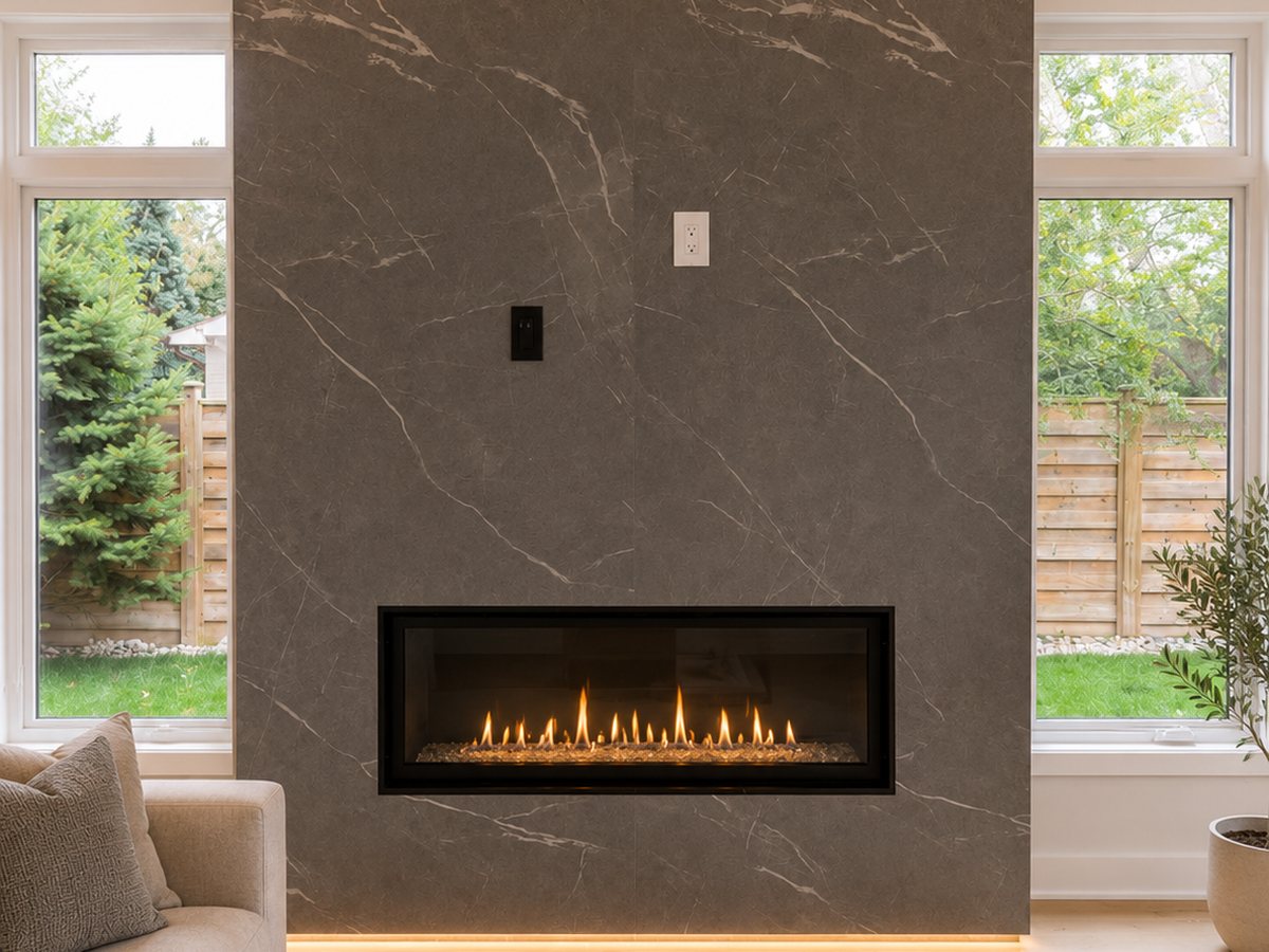 Living room with a full-height grey-brown marble-look fireplace wall, linear gas fireplace, and coffered ceiling