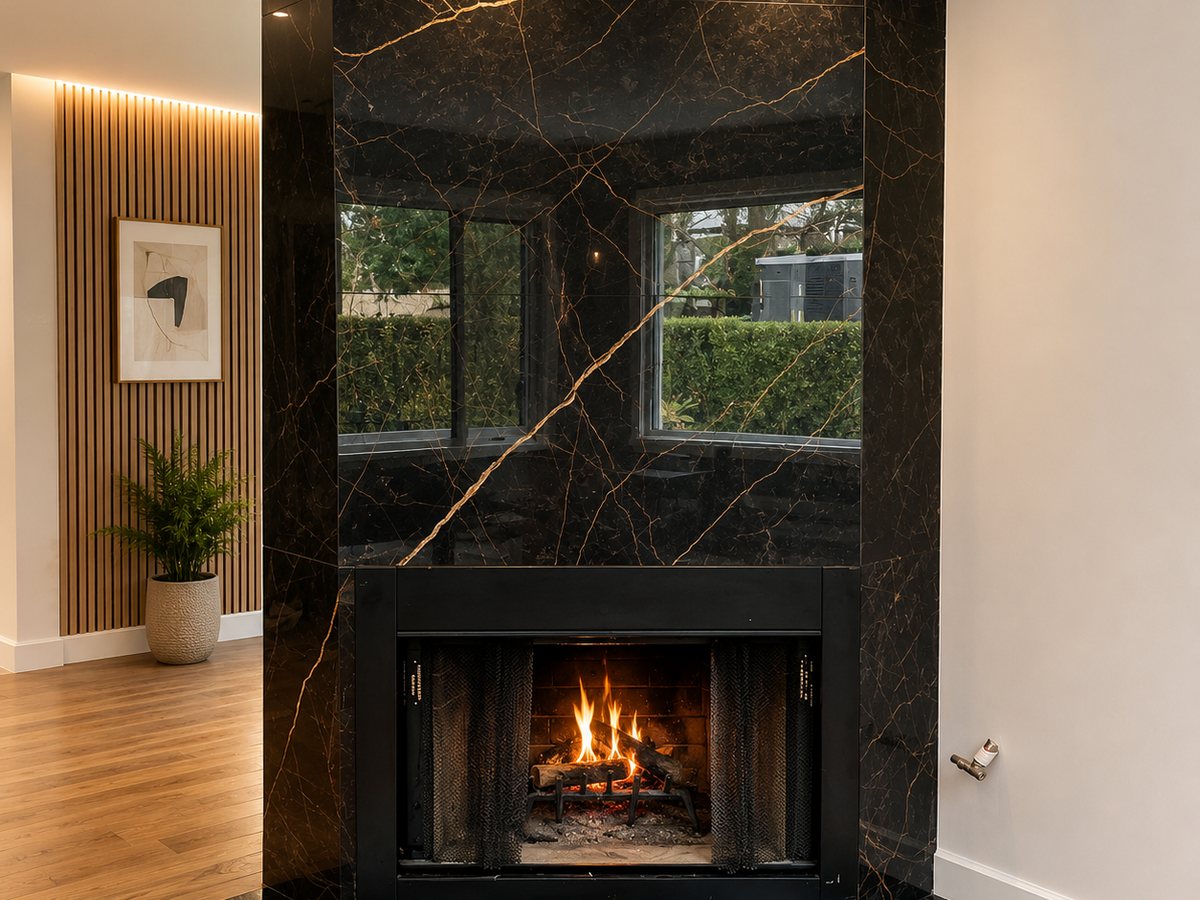 Black and gold marble fireplace in a finished living room
