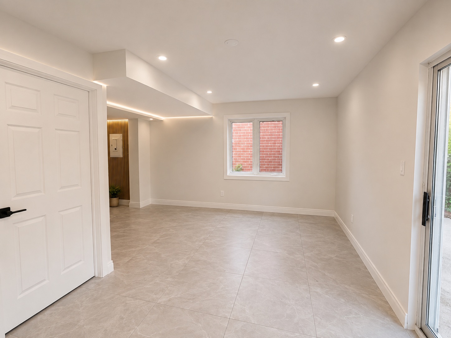 Bright finished basement living area with large-format tile flooring, pot lights, LED cove lighting, and a sliding glass walk-out door