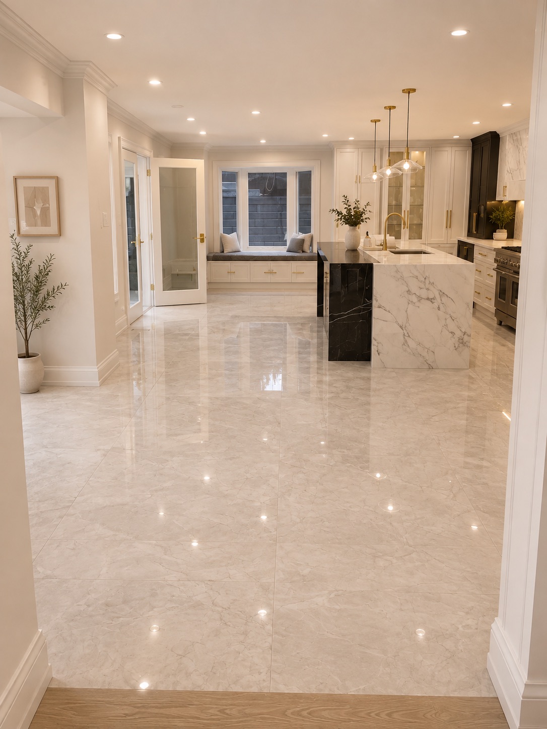 Open-concept main floor after a full renovation, with polished marble-look tile, a white kitchen with a waterfall island, and a built-in window seat