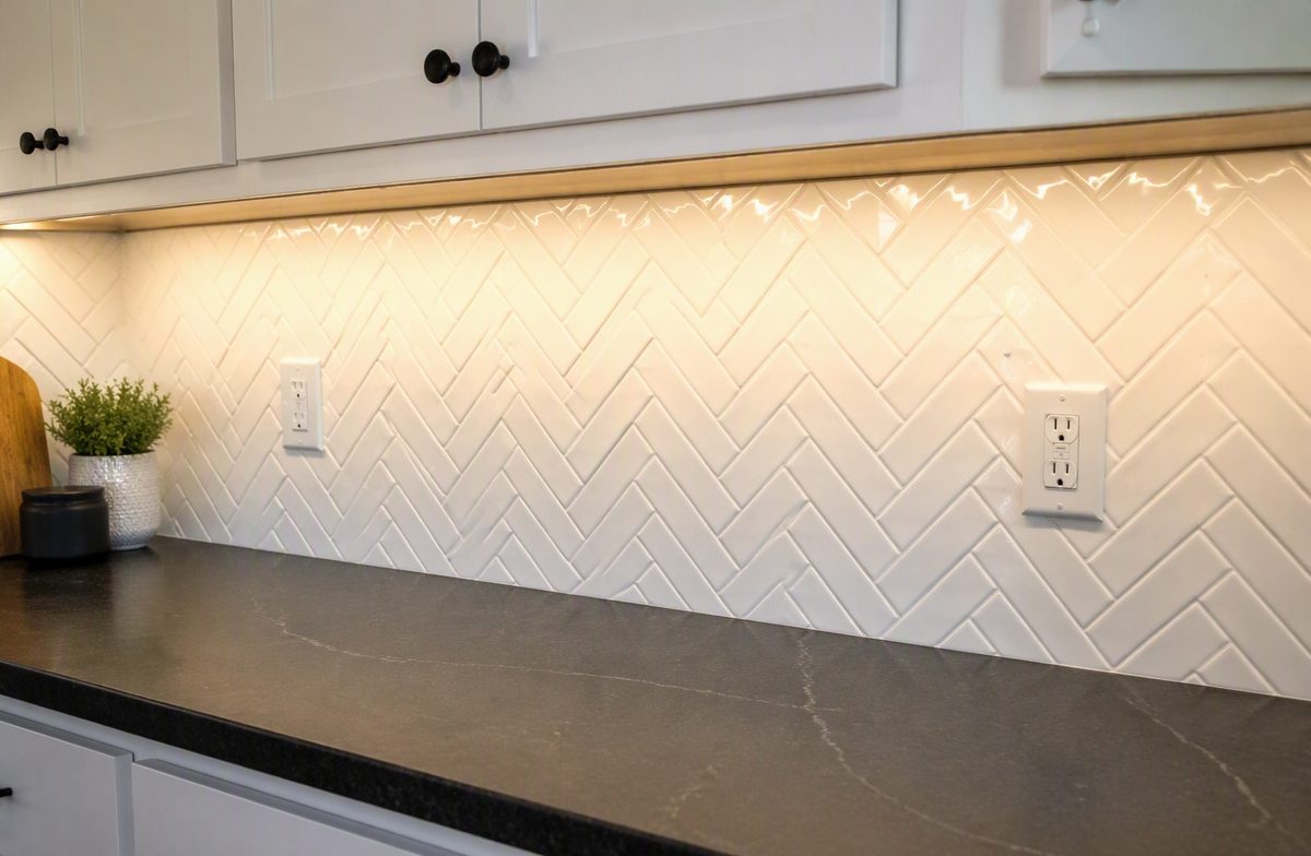 White herringbone tile backsplash with under-cabinet lighting above a dark countertop