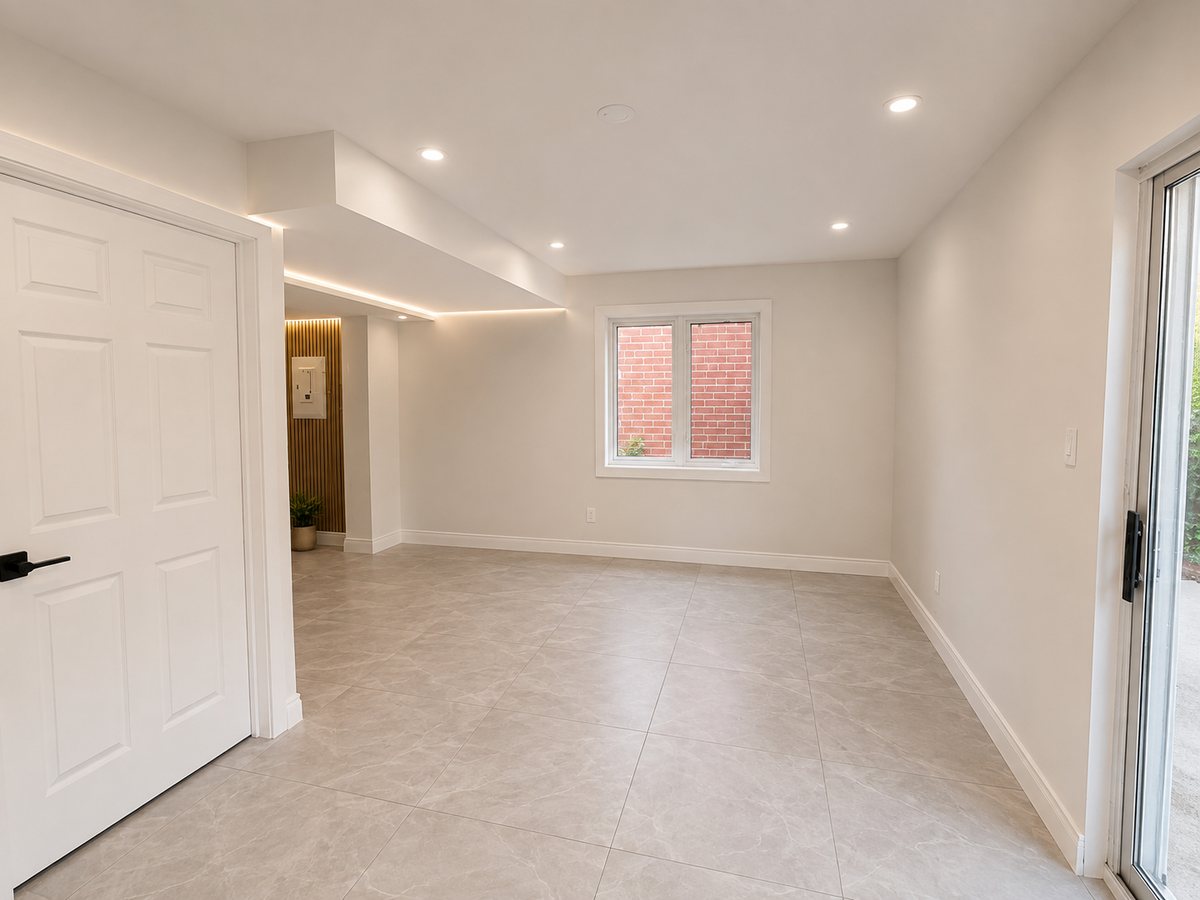Empty finished lower-level room with a large-format beige tile floor, pot lights, LED cove detail, and a sliding door
