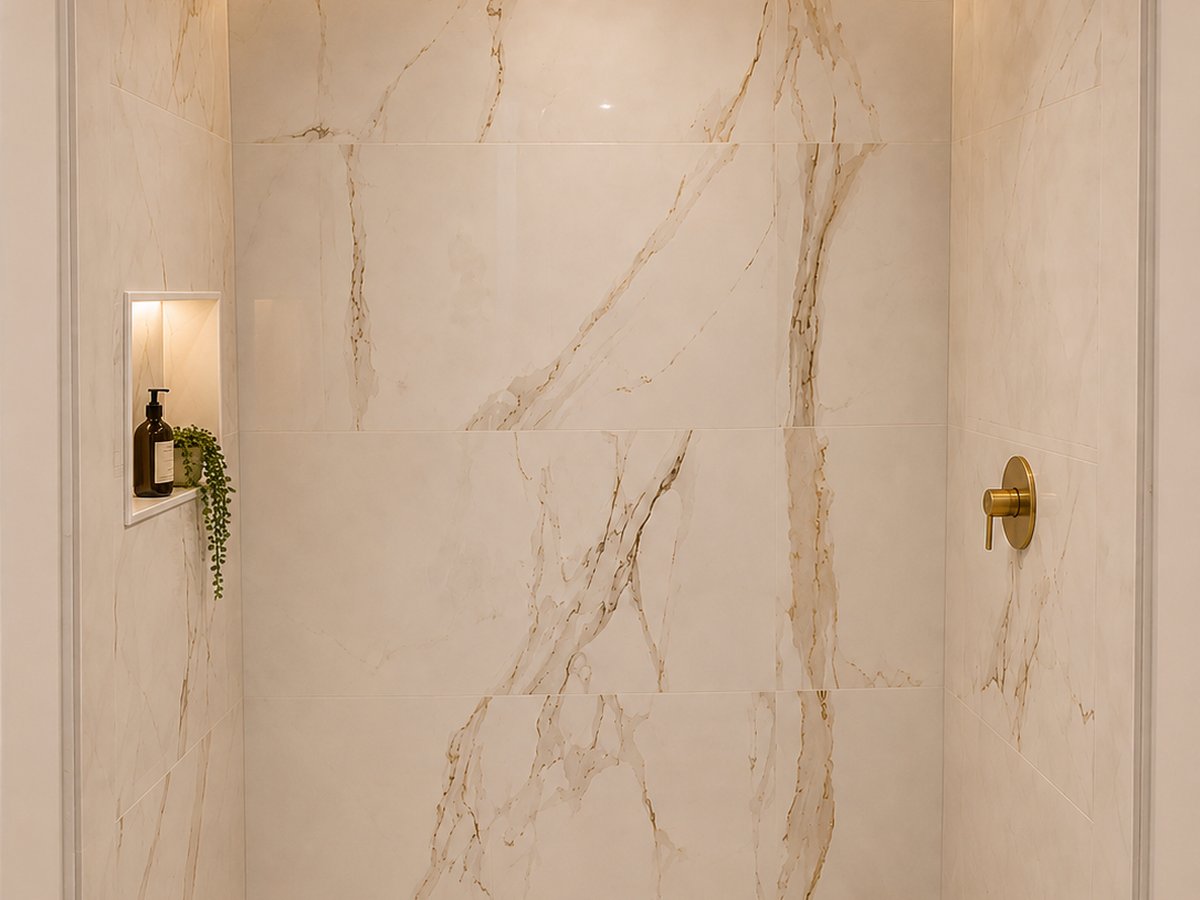 Calacatta marble shower with brass fixtures and a styled shower niche