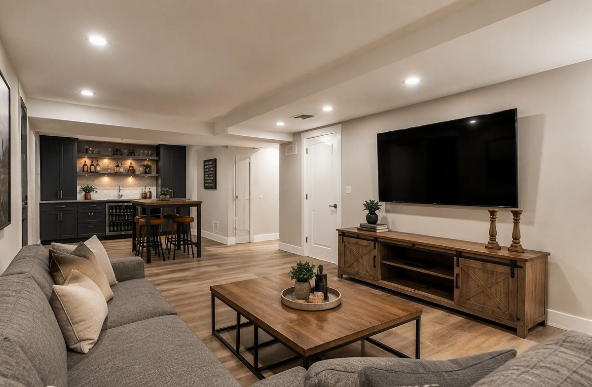 Finished basement rec room with a wet bar, dark cabinetry, and a wall-mounted TV over a rustic wood console