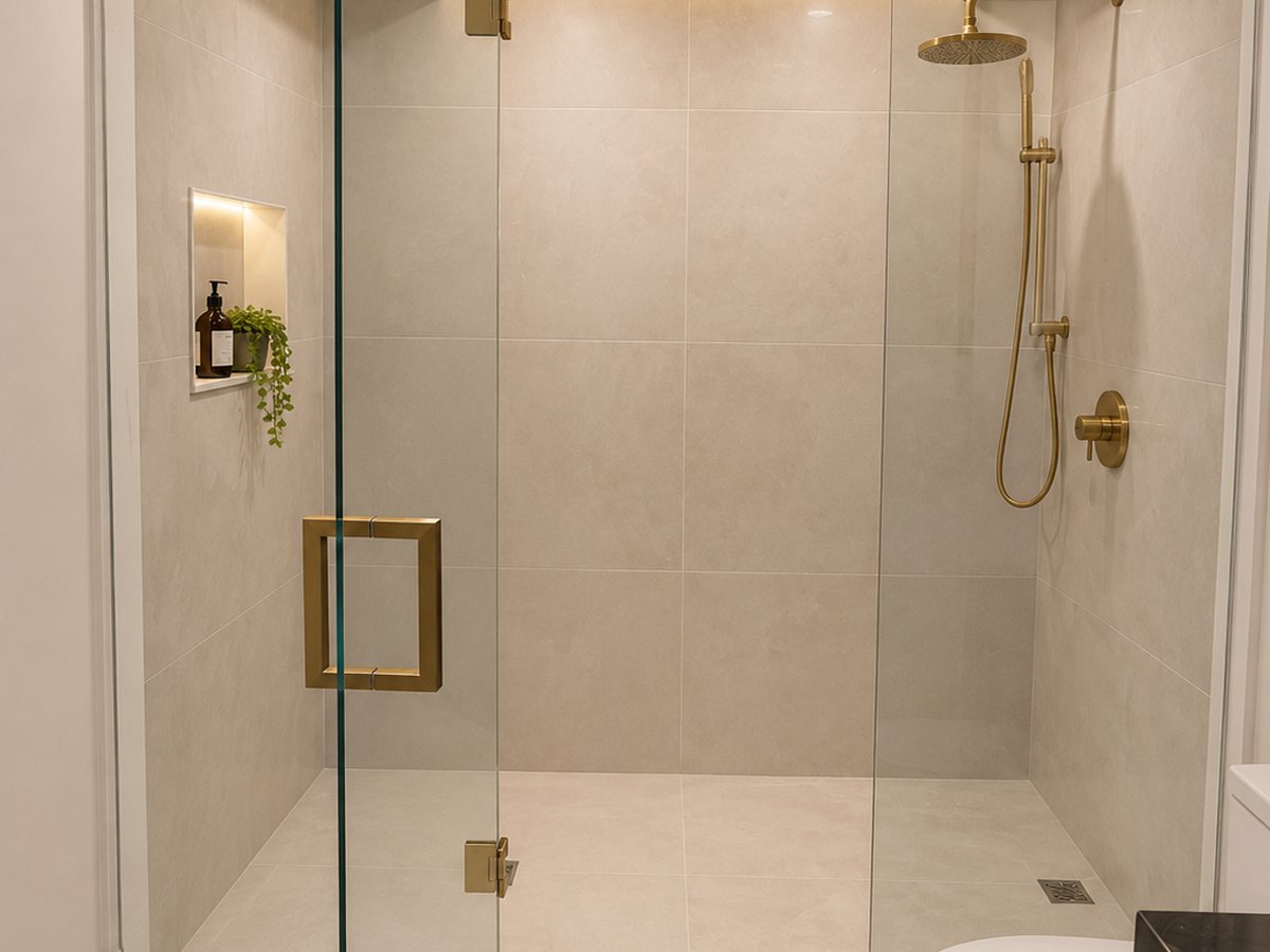 Walk-in shower with frameless glass, large-format greige tile, a brushed-brass rain head and hand shower, and a lit niche