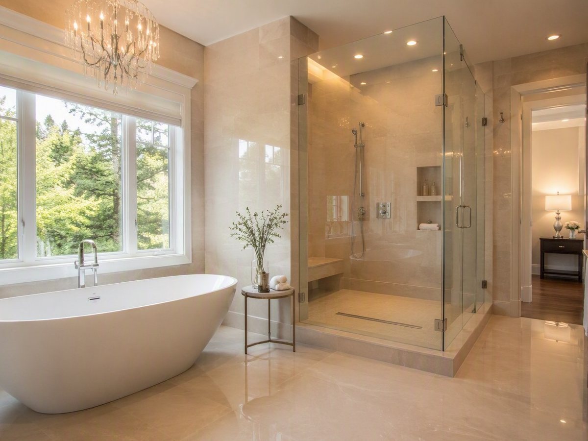 Spa master bath with a freestanding oval tub under a large window, a crystal chandelier, and a large glass shower with bench