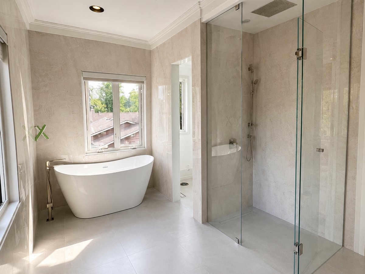 Master bathroom with a freestanding soaker tub beneath a large window