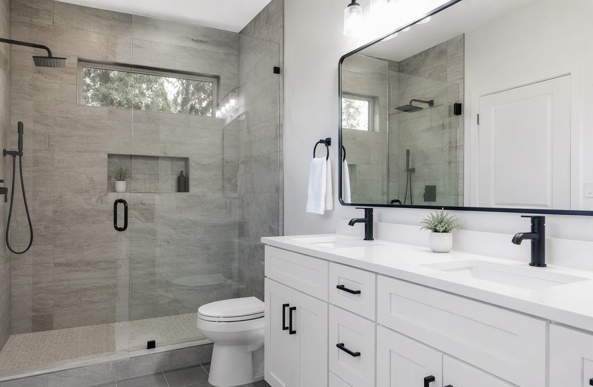 Bathroom with a grey tile walk-in shower, a white double vanity, and matte black fixtures