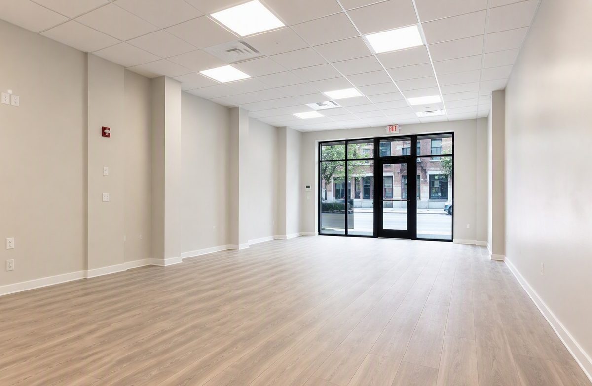 Newly renovated commercial unit with fresh flooring, an LED panel ceiling, and a glass storefront entrance