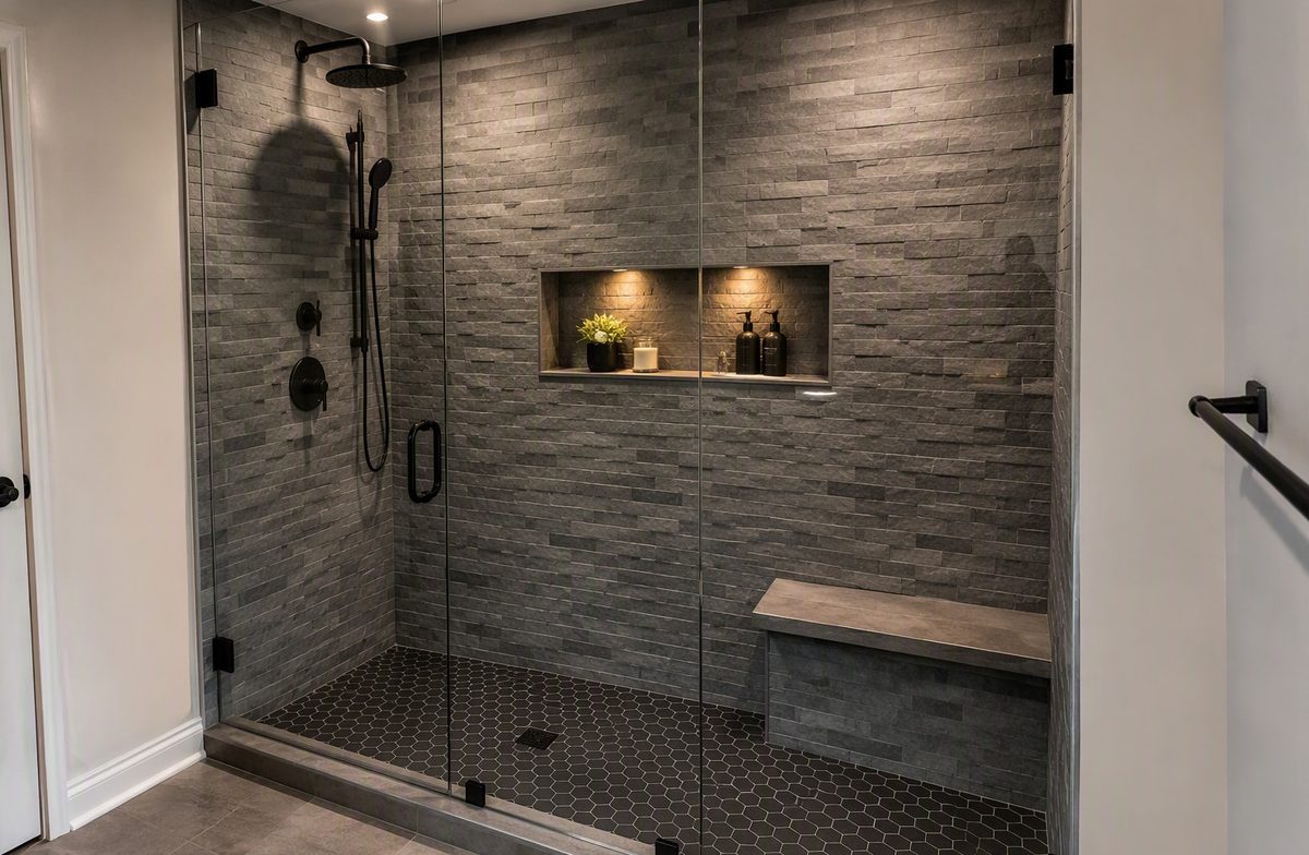 Custom walk-in shower with grey stacked-stone tile, a lit niche, a bench, and black fixtures