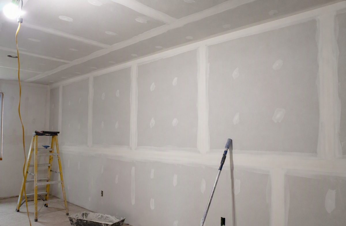 Newly taped and mudded drywall on walls and ceiling, ready for sanding and paint