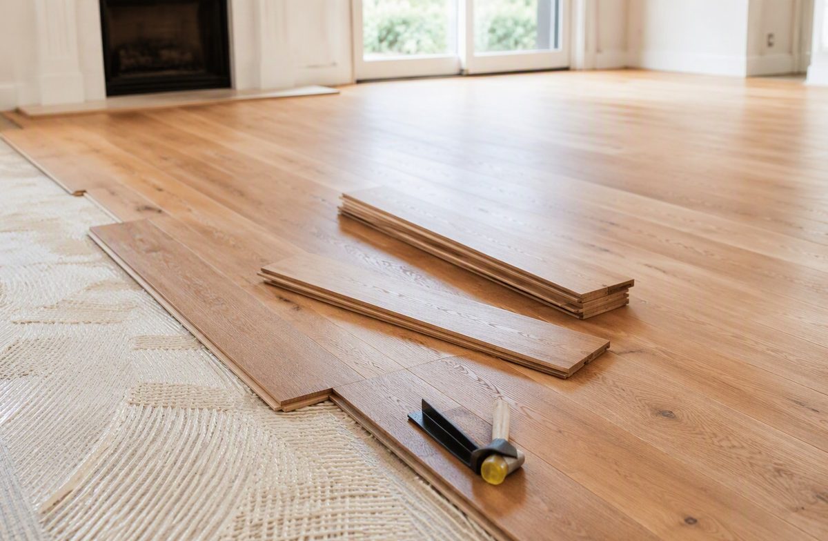 Hardwood flooring being installed plank by plank in a bright living room