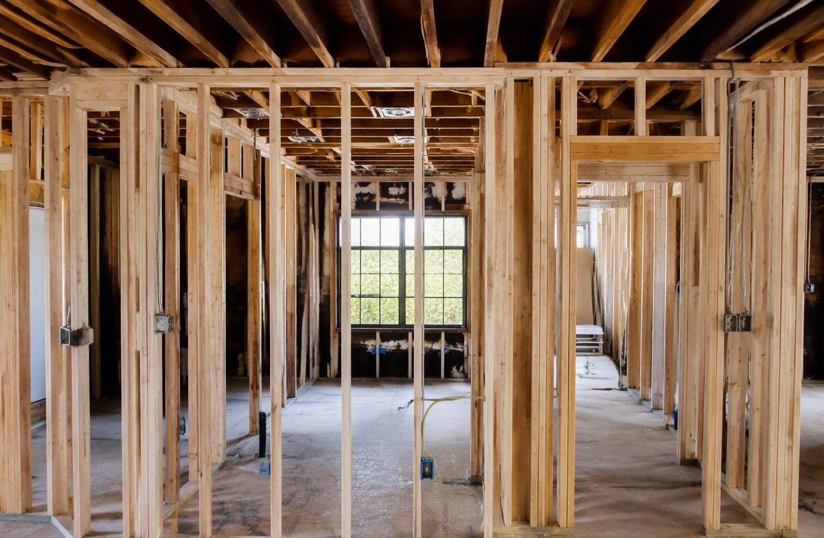 Wood stud framing for new interior walls during a renovation