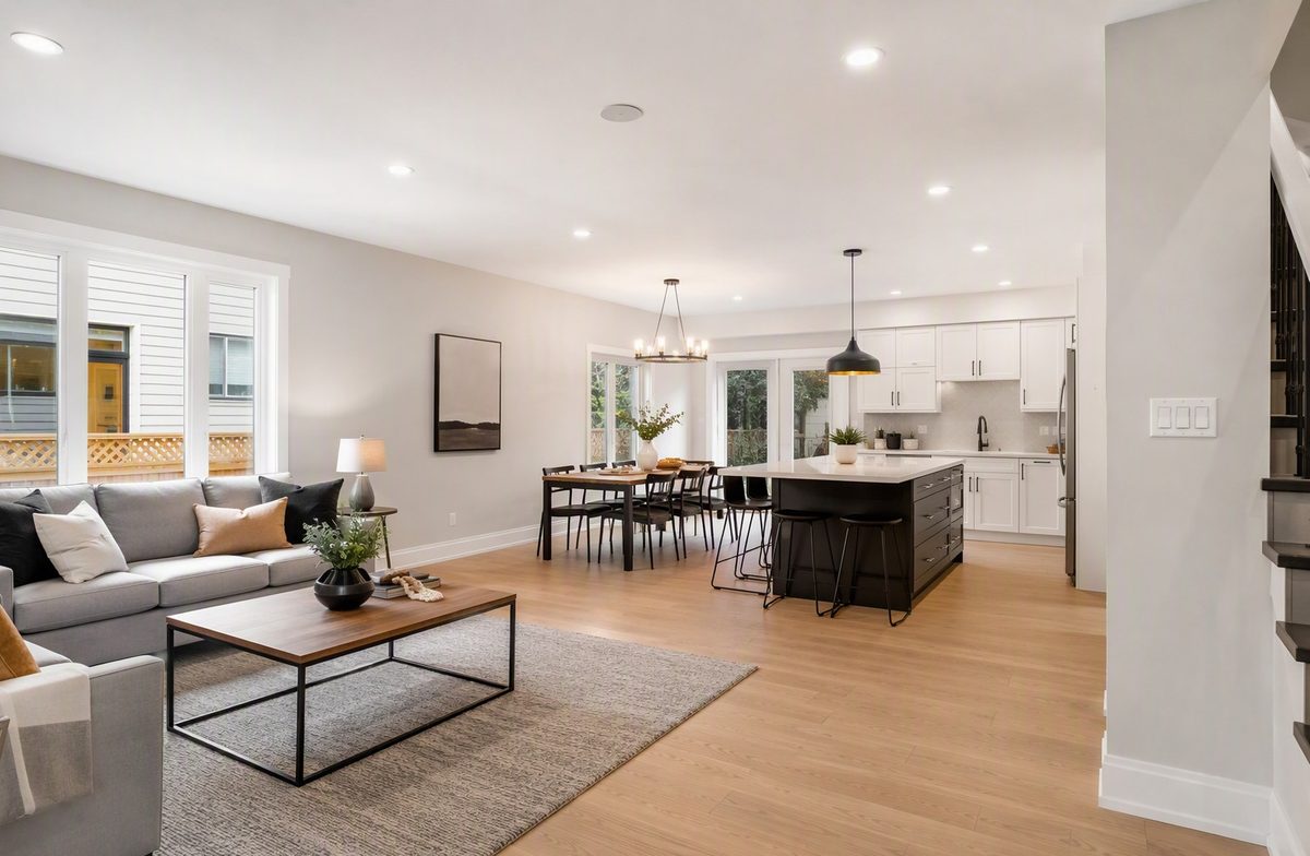 Open-concept main floor after a full renovation, with new flooring, kitchen, and living area
