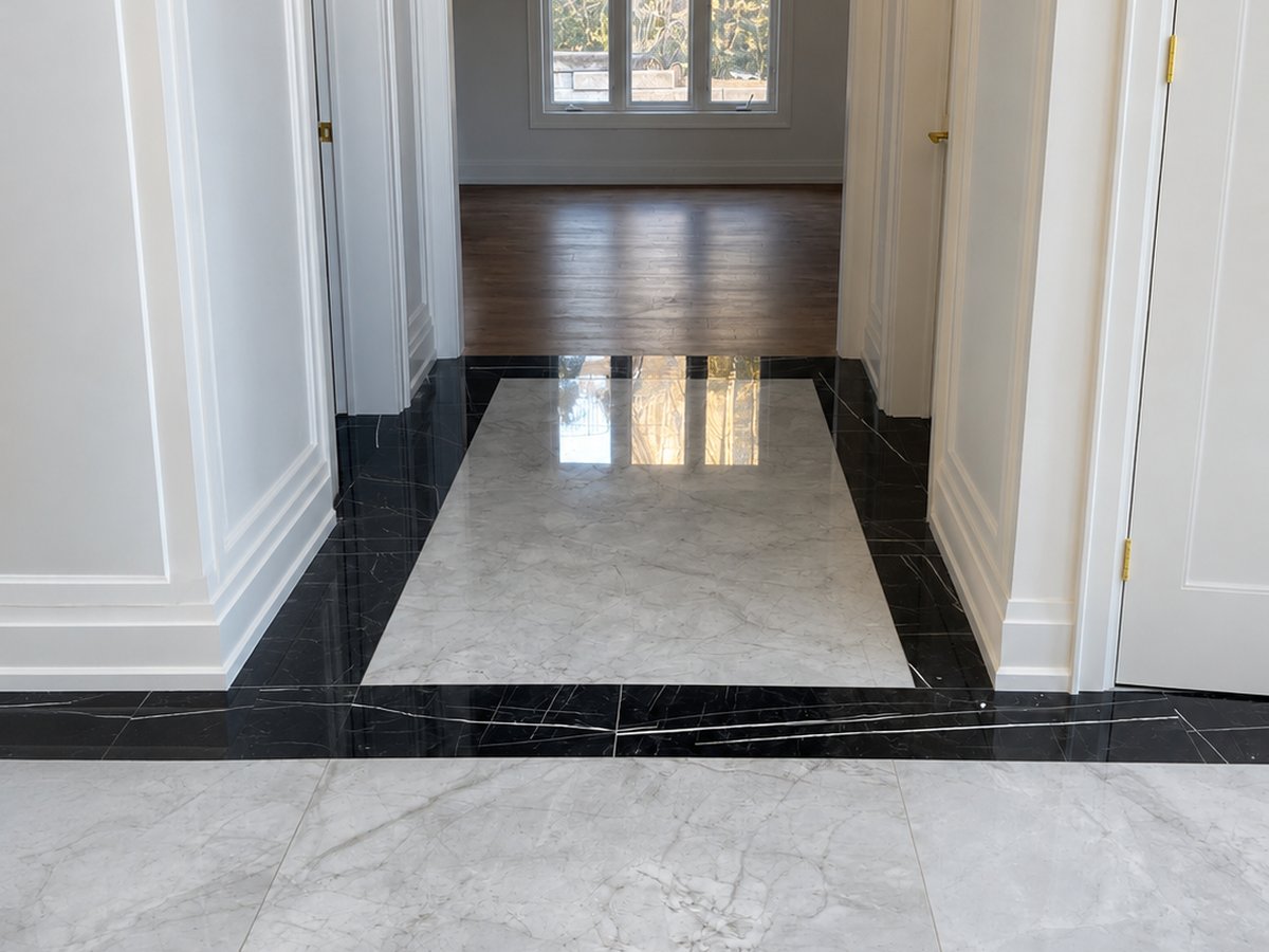 Finished hallway with polished marble-look floor tile and a black border inlay