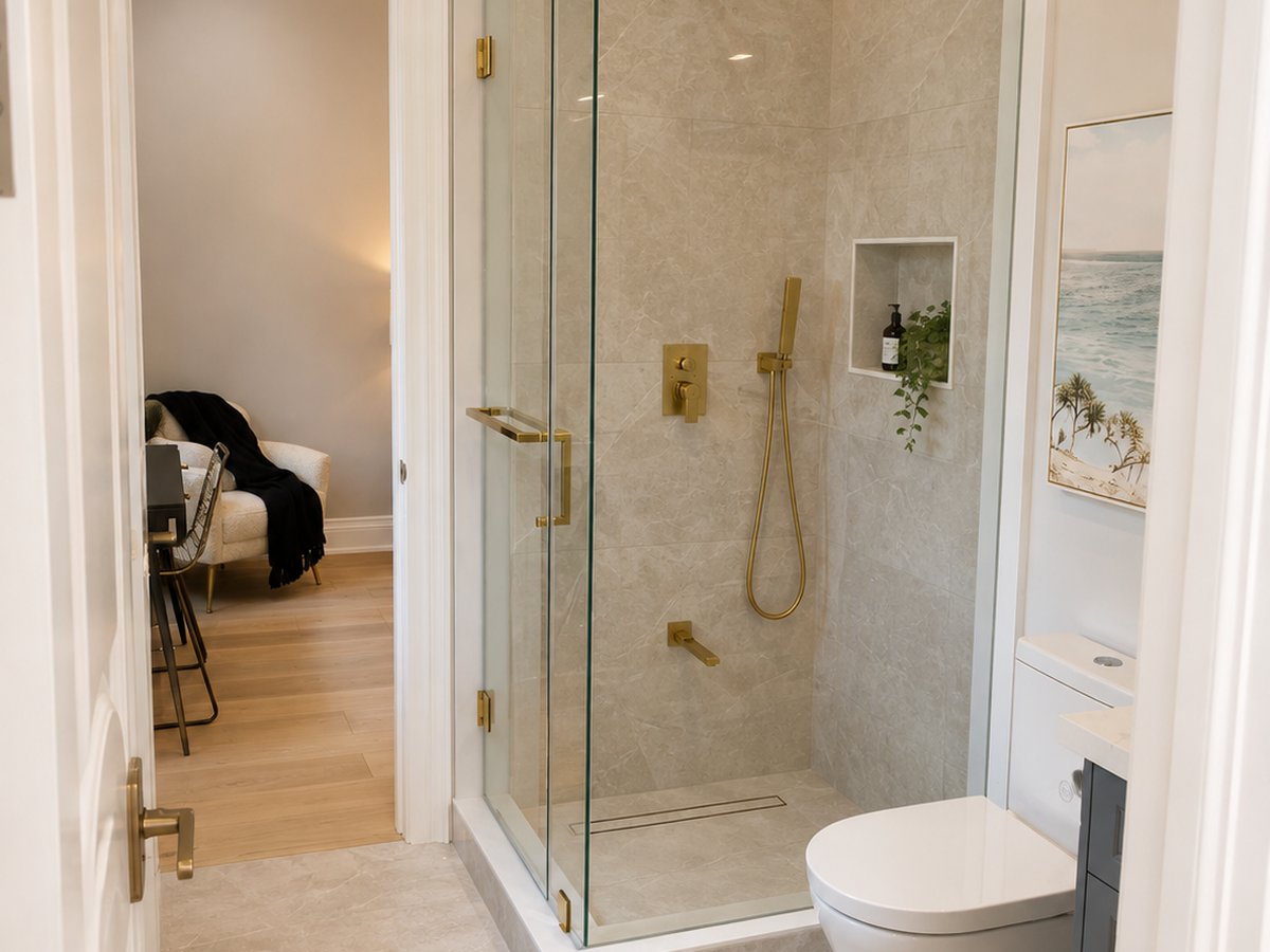 Finished ensuite with a frameless glass shower and a view through to the bedroom