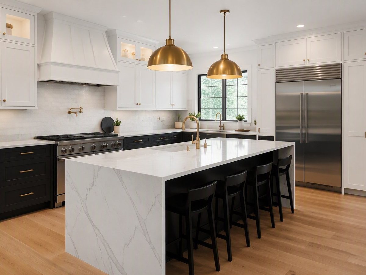 Bright renovated kitchen with white and black cabinetry, a marble waterfall island, brass faucet, pendant lights, and a pro range