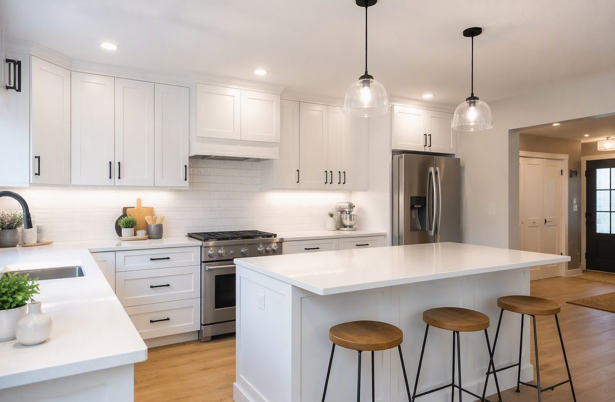 Bright white shaker kitchen with a large island, glass pendant lights, and wood-top stools
