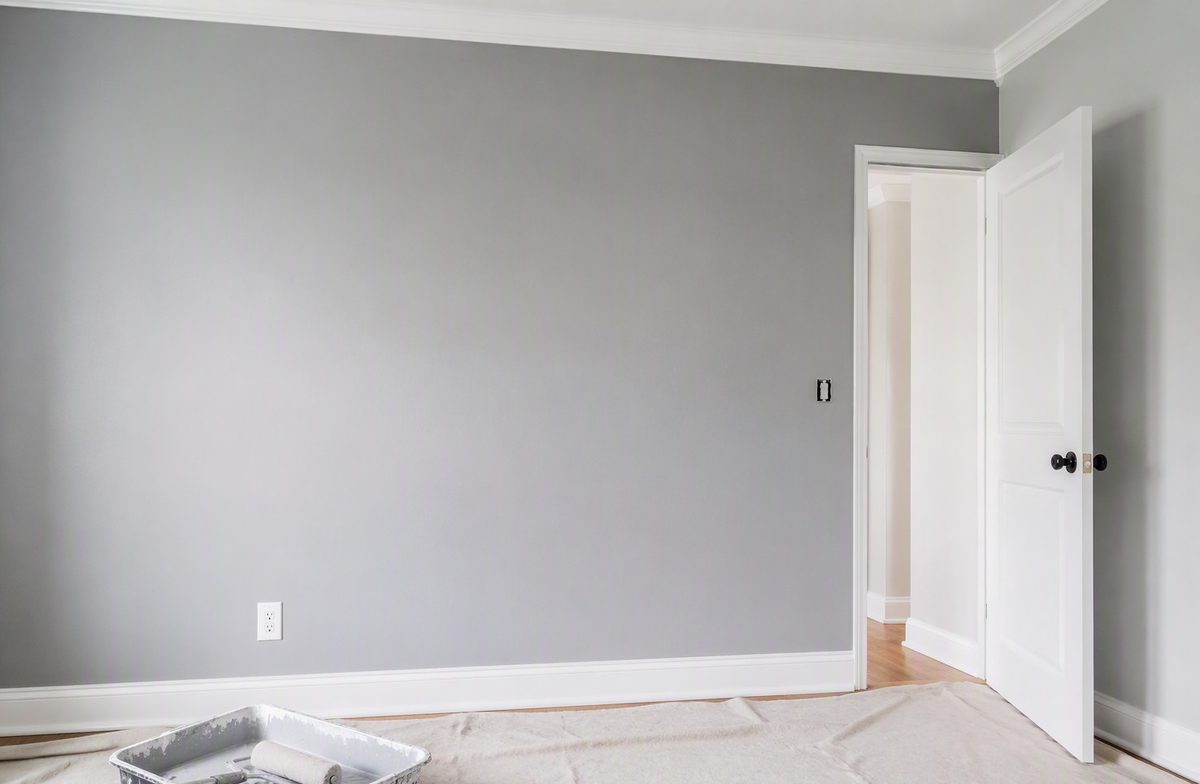 Freshly painted grey bedroom wall with white trim, with a drop cloth and paint tray in the foreground