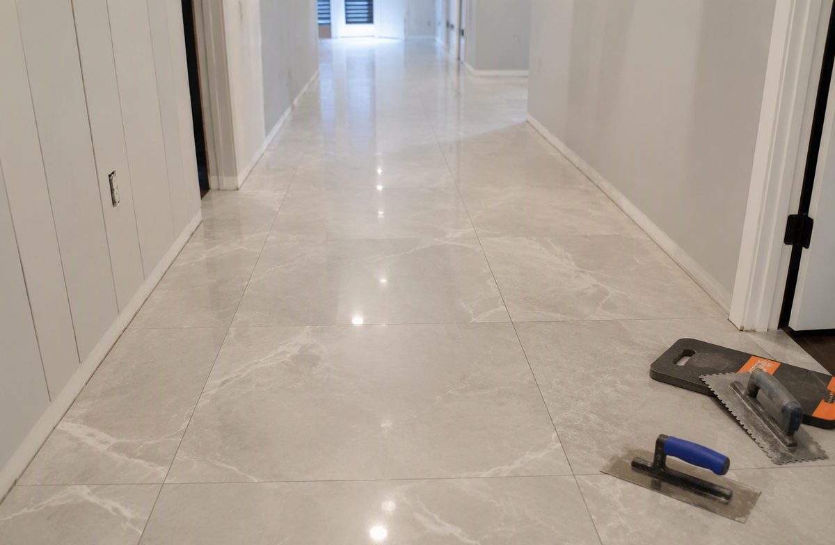 Freshly laid polished marble-look floor tile in a hallway, with tiling tools resting nearby